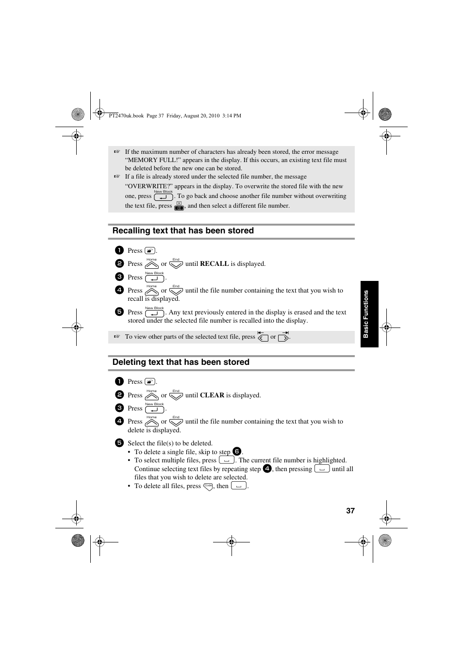 Recalling text that has been stored, Deleting text that has been stored | Brother PT-2470 User Manual | Page 47 / 66