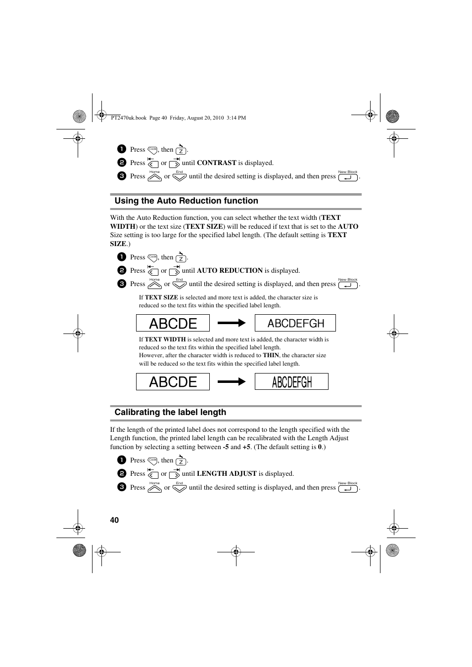 Using the auto reduction function, Calibrating the label length | Brother PT-2470 User Manual | Page 50 / 66