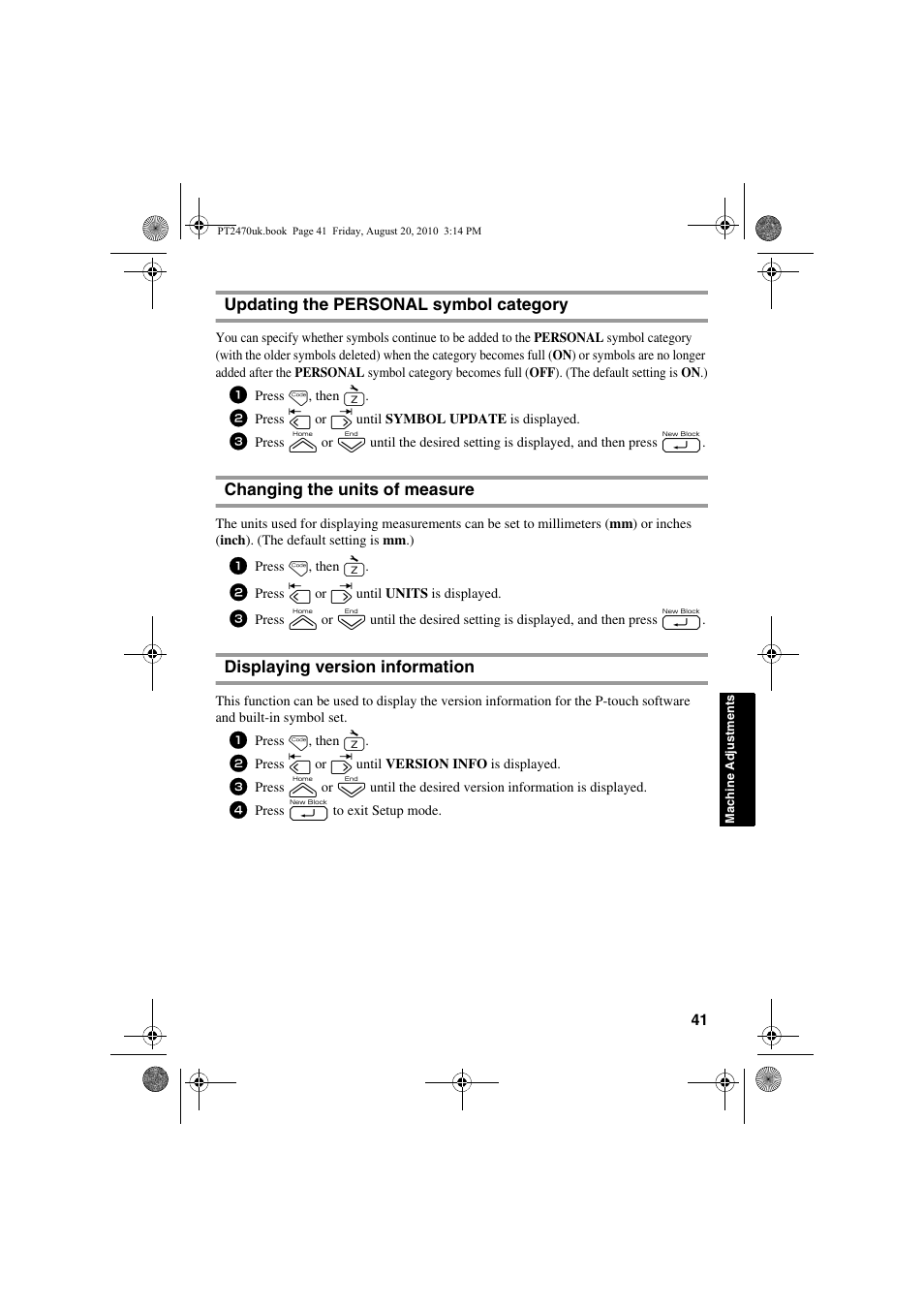 Updating the personal symbol category, Changing the units of measure, Displaying version information | Updating the | Brother PT-2470 User Manual | Page 51 / 66