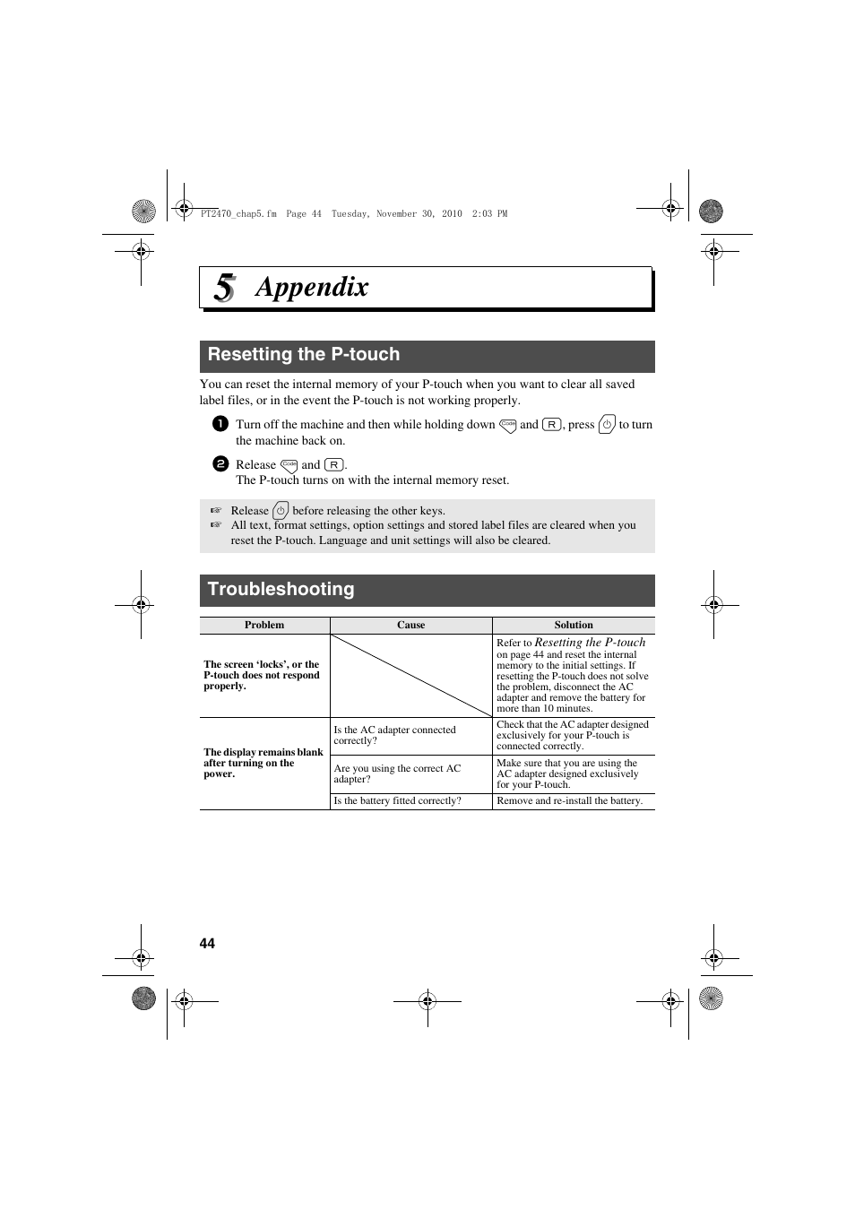 Appendix, Resetting the p-touch, Troubleshooting | Resetting the p-touch troubleshooting | Brother PT-2470 User Manual | Page 54 / 66
