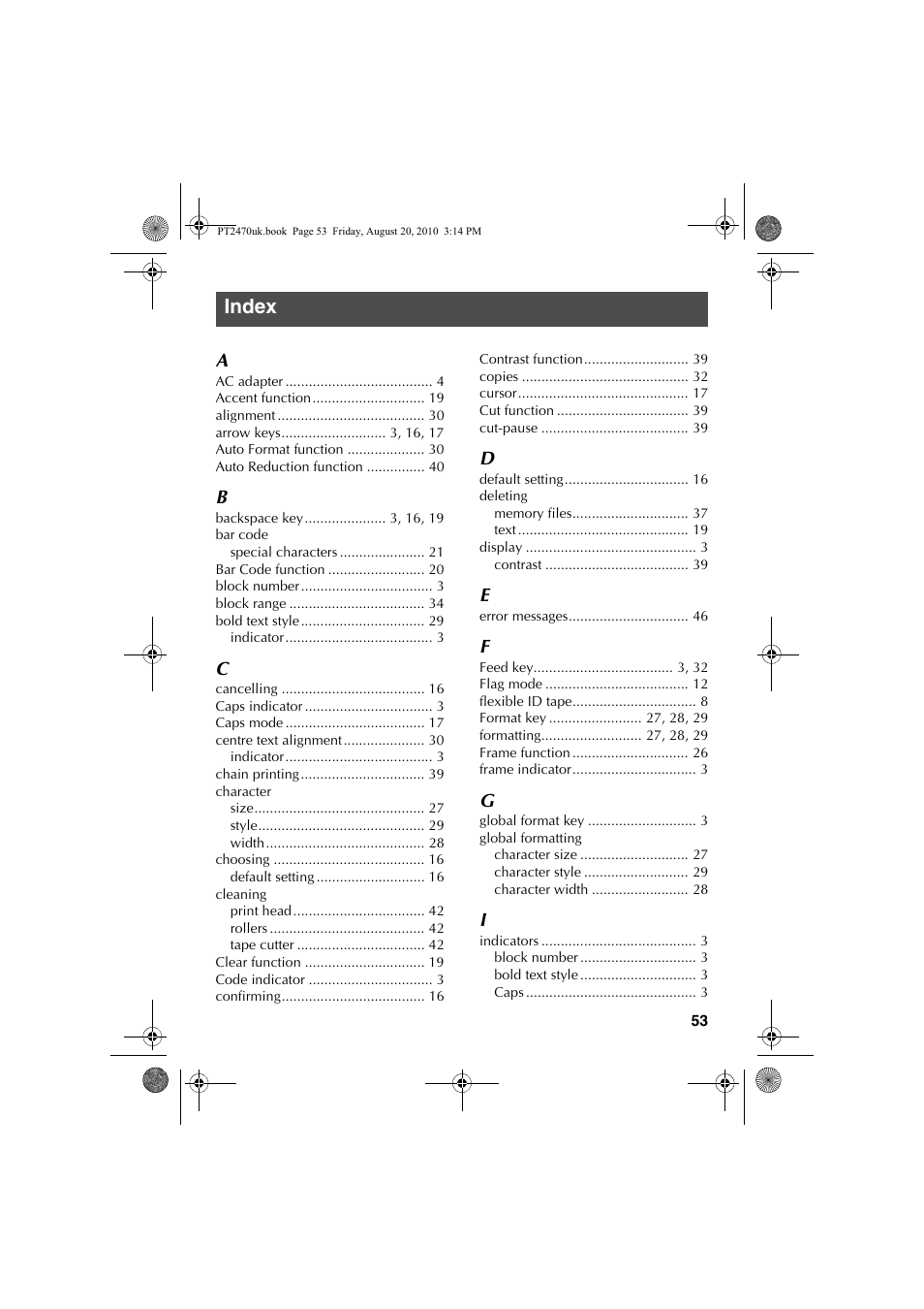 Index | Brother PT-2470 User Manual | Page 63 / 66