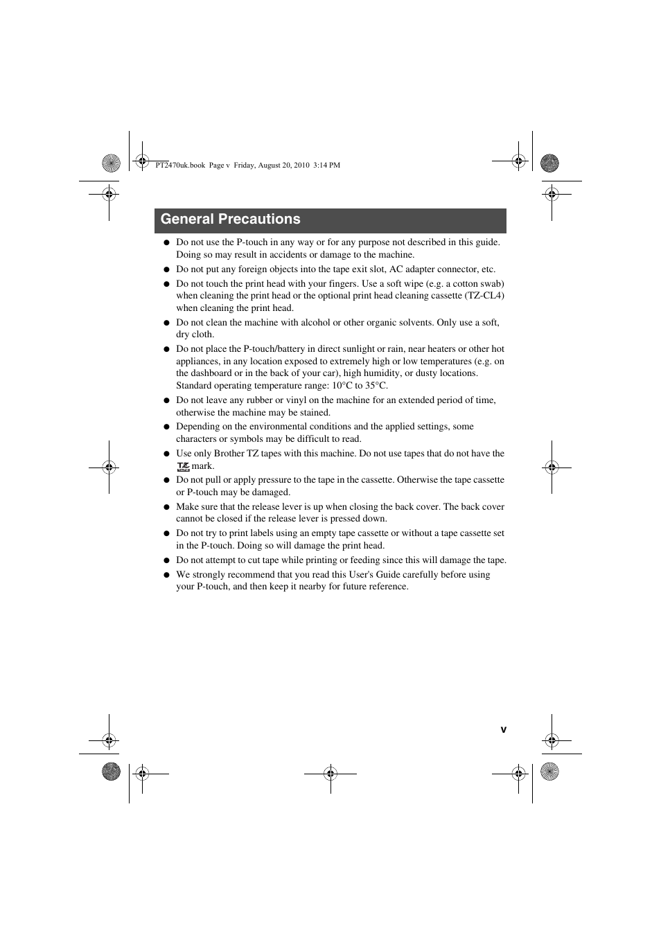 General precautions | Brother PT-2470 User Manual | Page 7 / 66