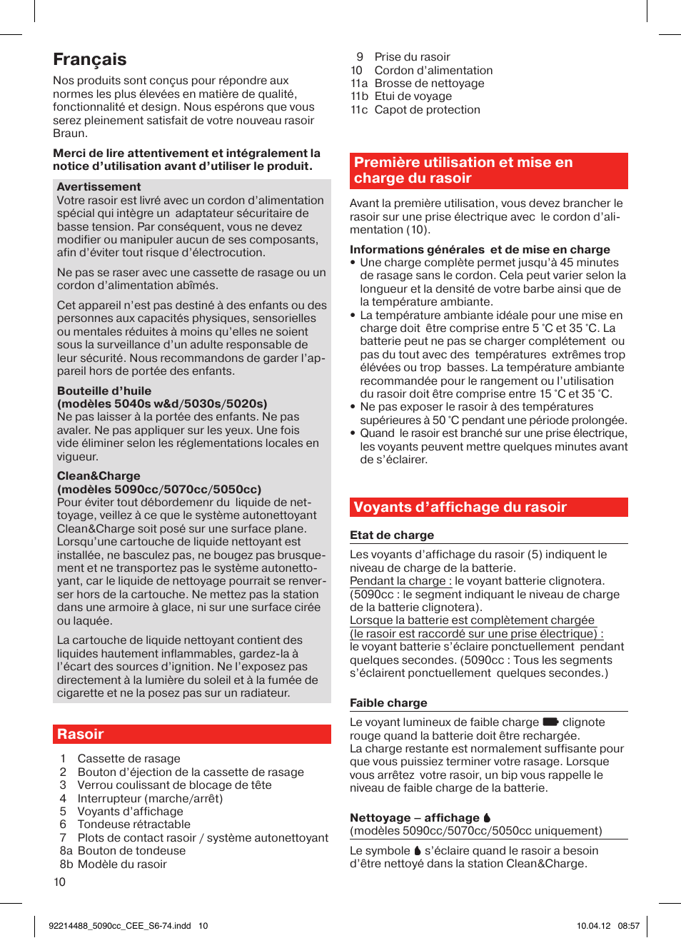 Français, Rasoir, Première utilisation et mise en charge du rasoir | Voyants d’affichage du rasoir | Braun 5090cc Series 5 User Manual | Page 10 / 76