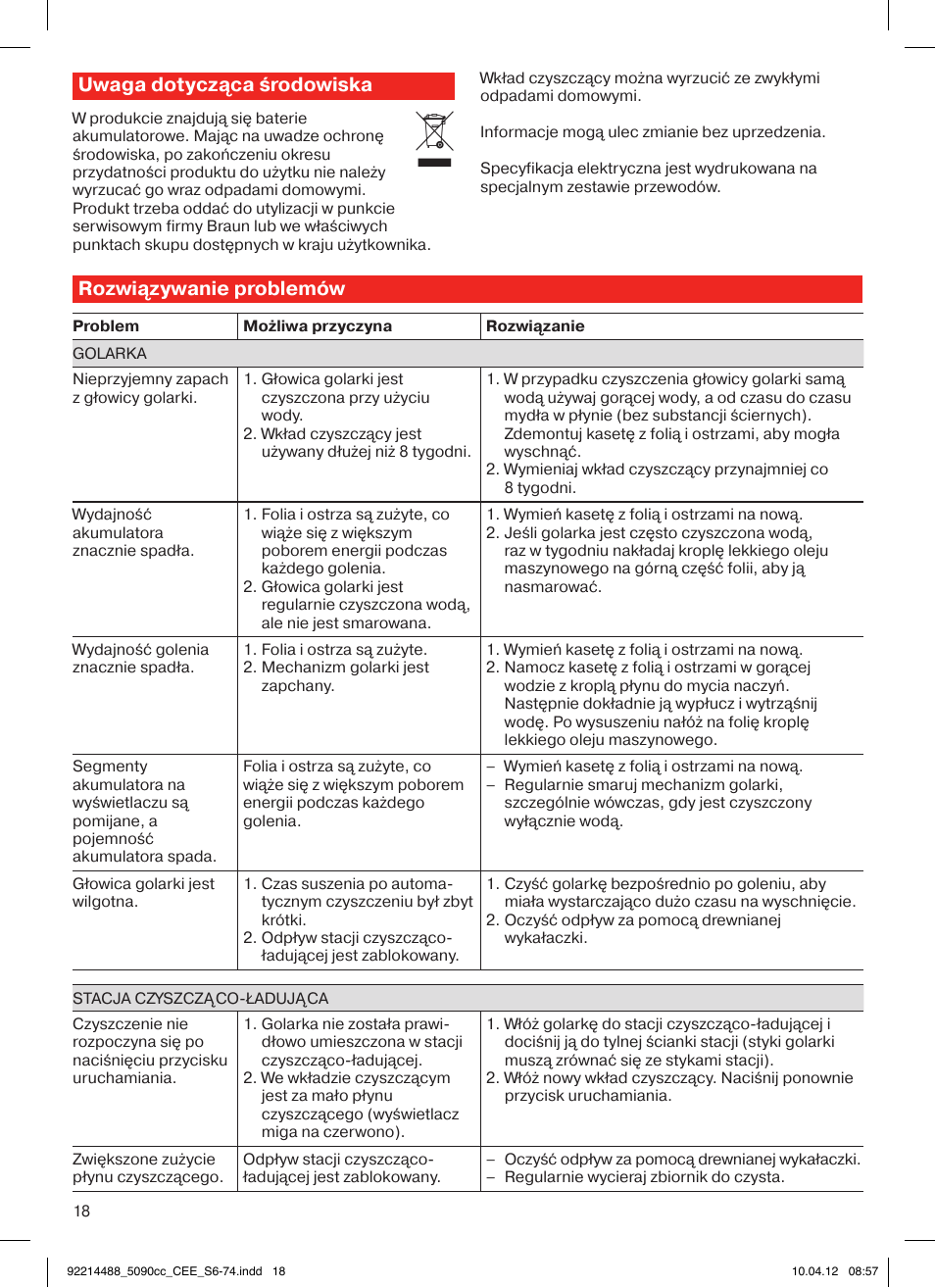Uwaga dotycząca środowiska, Rozwiązywanie problemów | Braun 5090cc Series 5 User Manual | Page 18 / 76