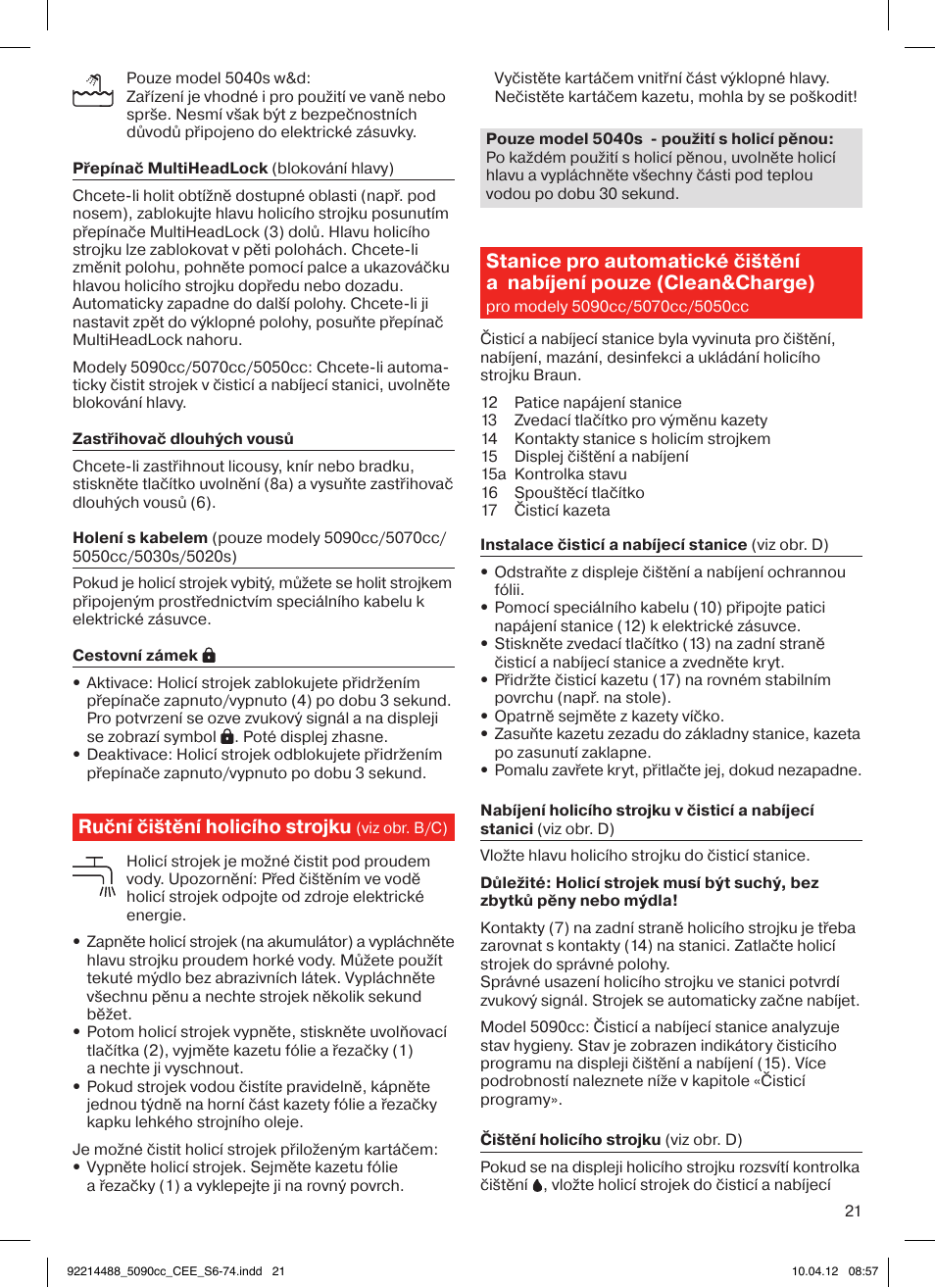 Ruční čištění holicího strojku | Braun 5090cc Series 5 User Manual | Page 21 / 76
