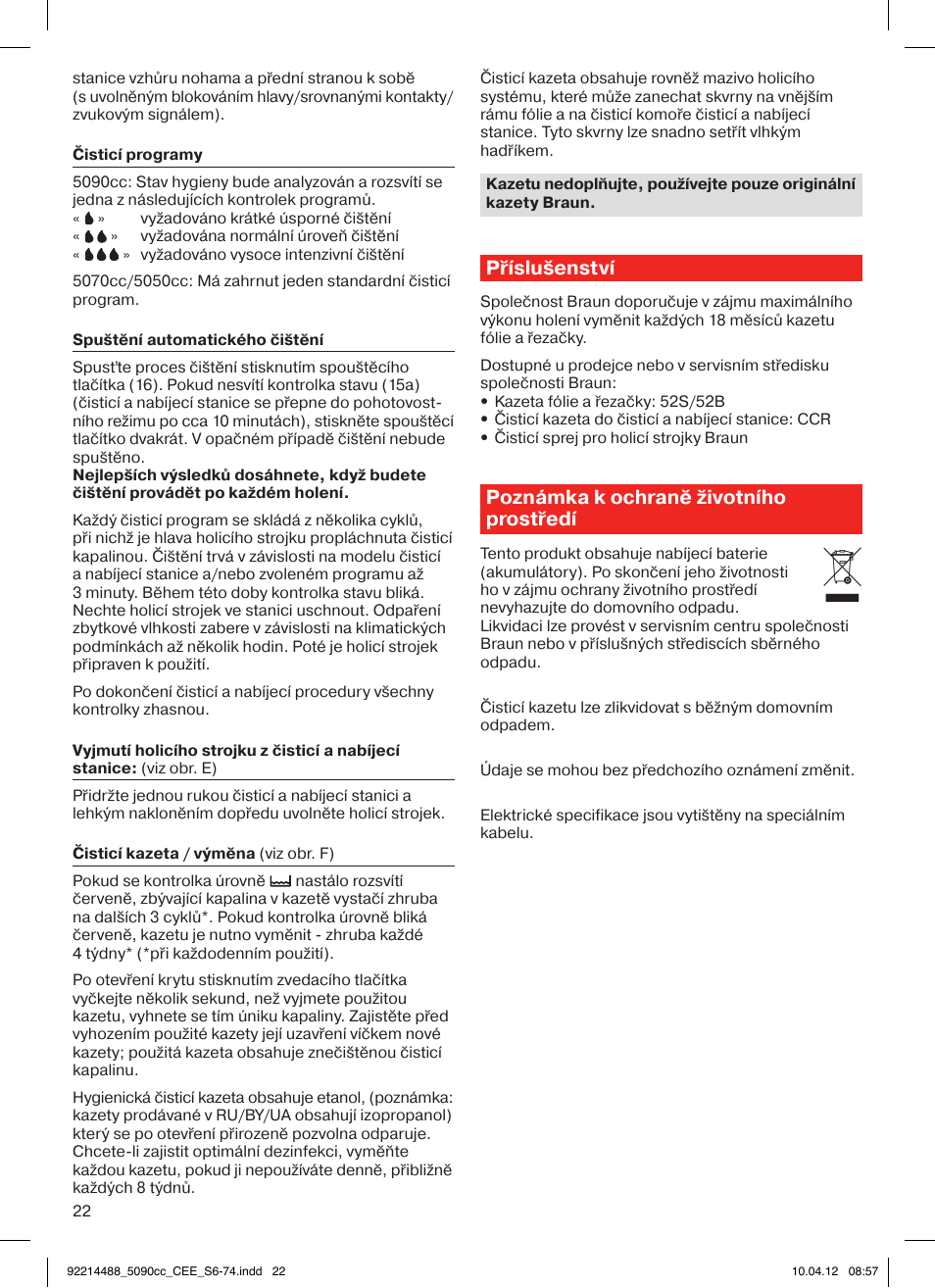 Příslušenství, Poznámka k ochraně životního prostředí | Braun 5090cc Series 5 User Manual | Page 22 / 76
