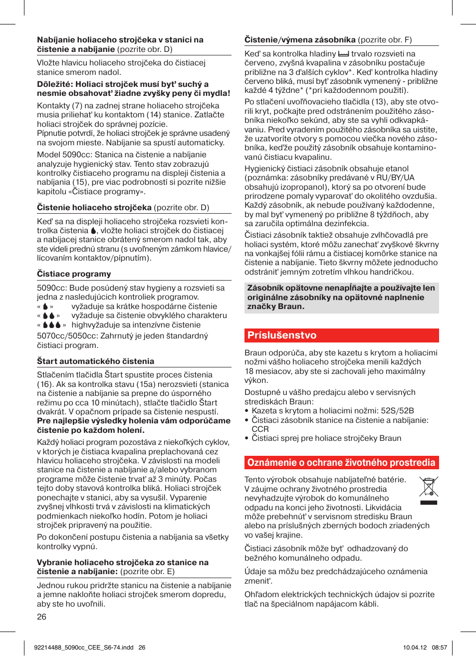 Príslušenstvo, Oznámenie o ochrane životného prostredia | Braun 5090cc Series 5 User Manual | Page 26 / 76