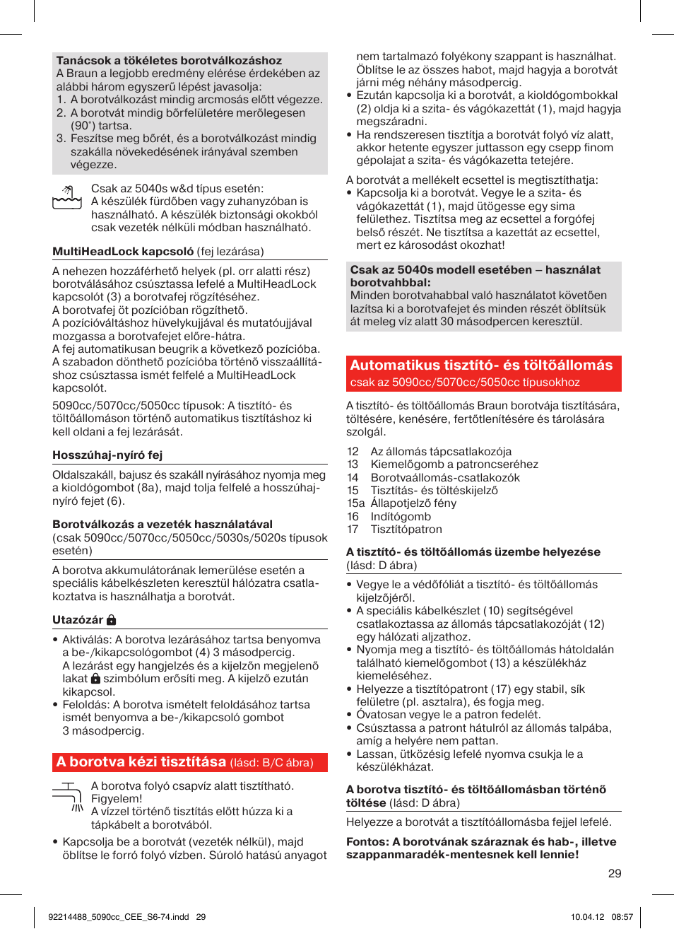 A borotva kézi tisztítása, Automatikus tisztító- és töltőállomás | Braun 5090cc Series 5 User Manual | Page 29 / 76