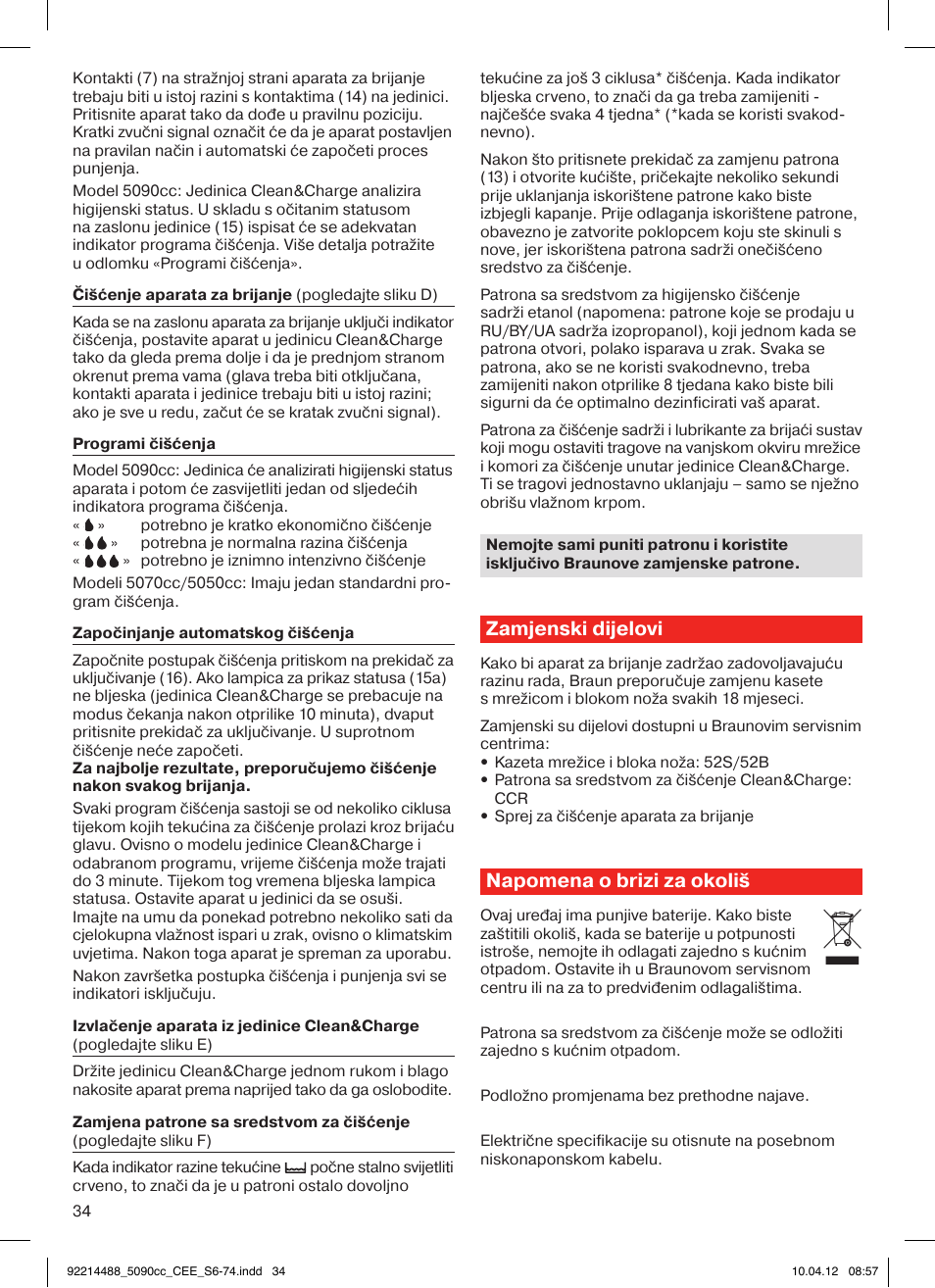 Zamjenski dijelovi, Napomena o brizi za okoliš | Braun 5090cc Series 5 User Manual | Page 34 / 76