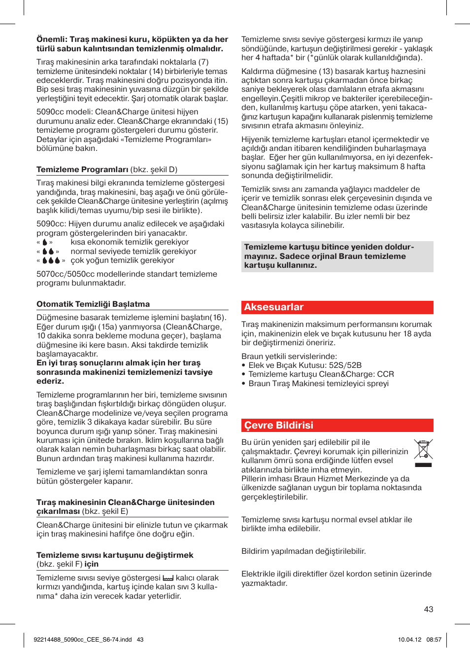 Aksesuarlar, Çevre bildirisi | Braun 5090cc Series 5 User Manual | Page 43 / 76