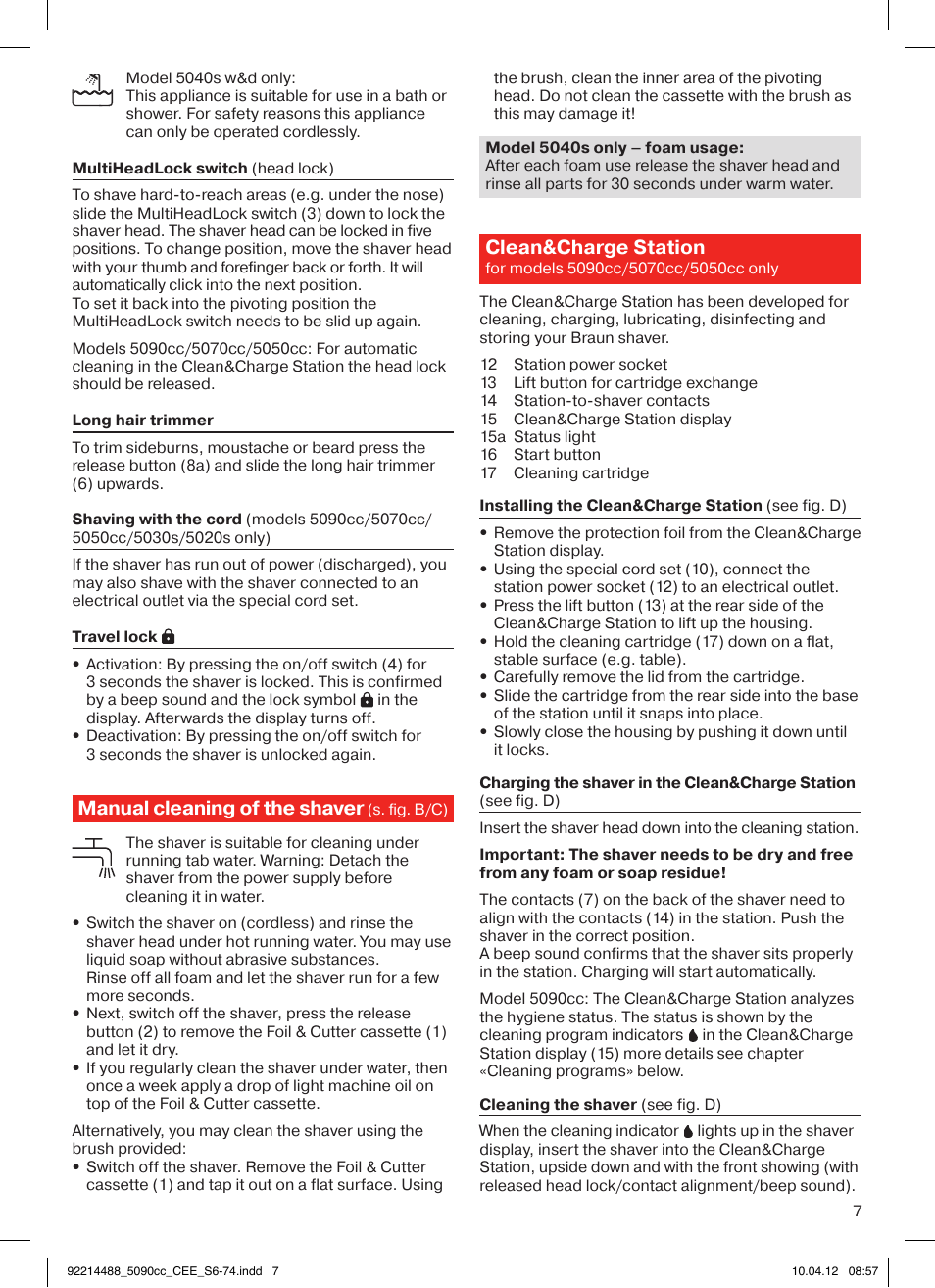 Manual cleaning of the shaver, Clean&charge station | Braun 5090cc Series 5 User Manual | Page 7 / 76