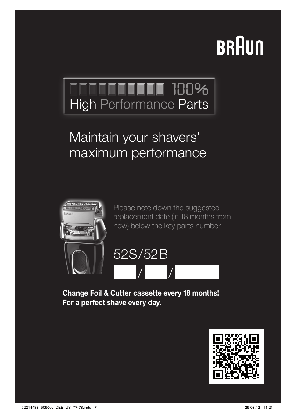 Maintain your shavers’ maximum performance, 52s/52b | Braun 5090cc Series 5 User Manual | Page 76 / 76
