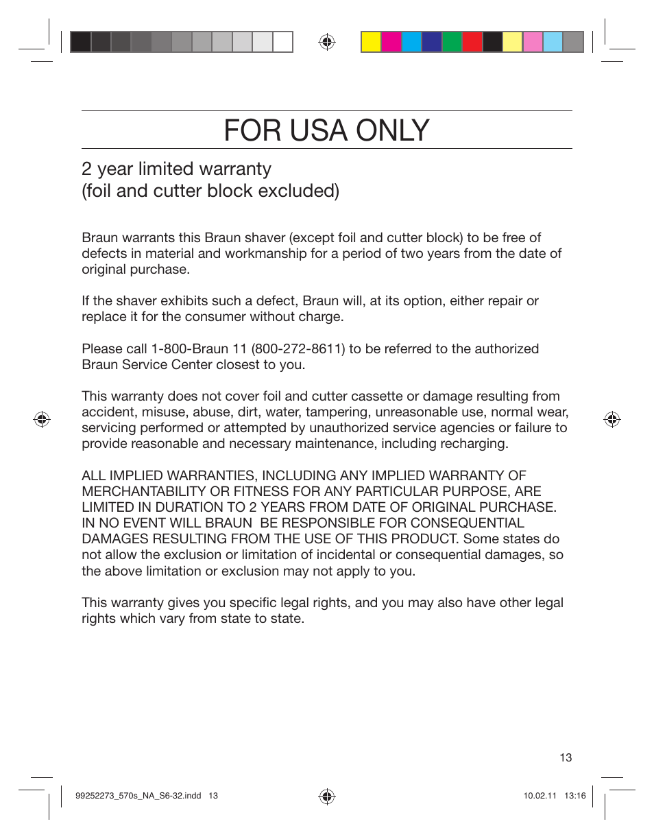 For usa only | Braun 530s-4 Series 5 User Manual | Page 12 / 28