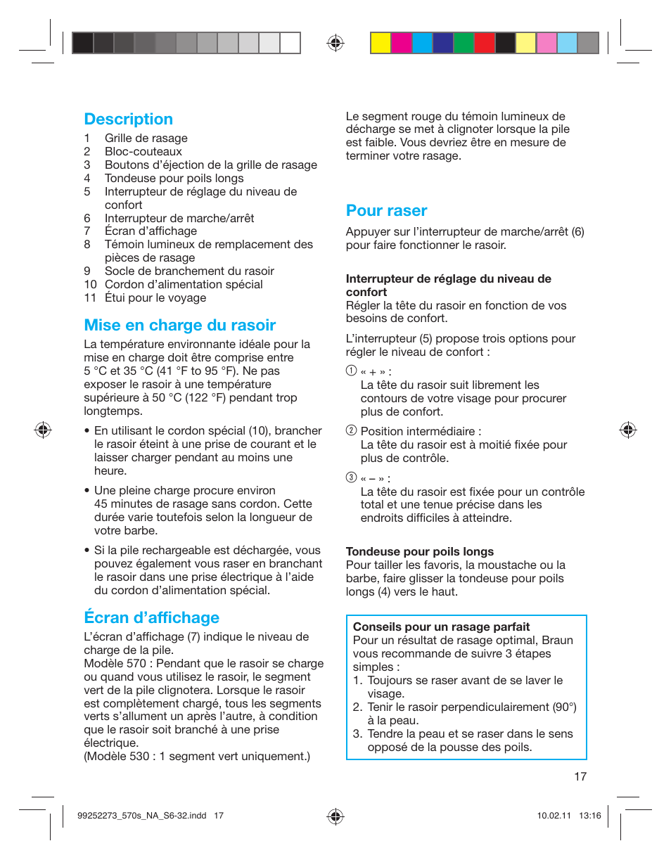 Description, Mise en charge du rasoir, Écran d’affichage | Pour raser | Braun 530s-4 Series 5 User Manual | Page 16 / 28