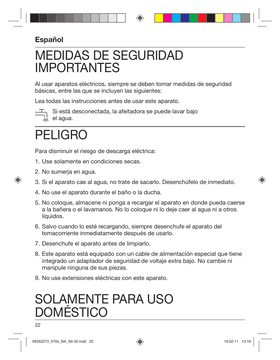 Medidas de seguridad importantes, Peligro, Solamente para uso doméstico | Español | Braun 530s-4 Series 5 User Manual | Page 21 / 28