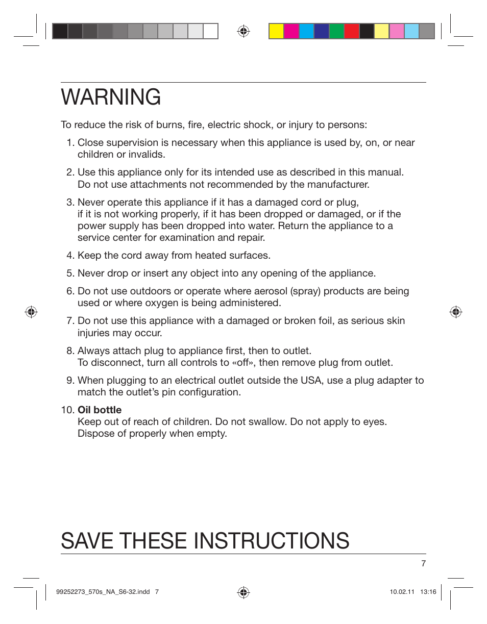 Warning, Save these instructions | Braun 530s-4 Series 5 User Manual | Page 6 / 28