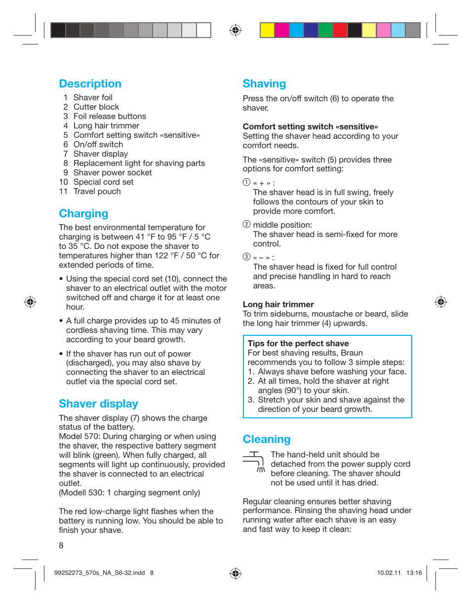Description, Charging, Shaver display | Shaving, Cleaning | Braun 530s-4 Series 5 User Manual | Page 7 / 28