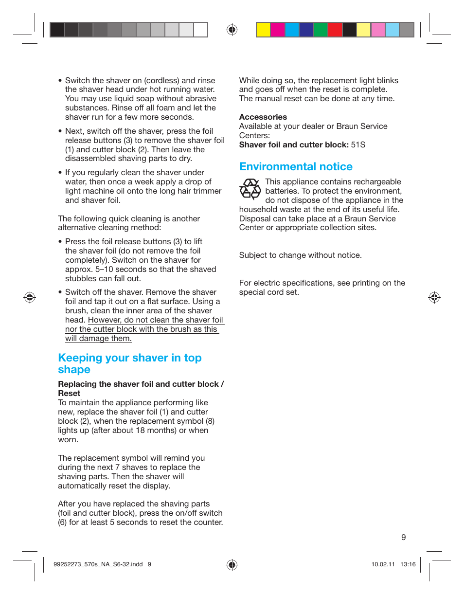 Keeping your shaver in top shape, Environmental notice | Braun 530s-4 Series 5 User Manual | Page 8 / 28