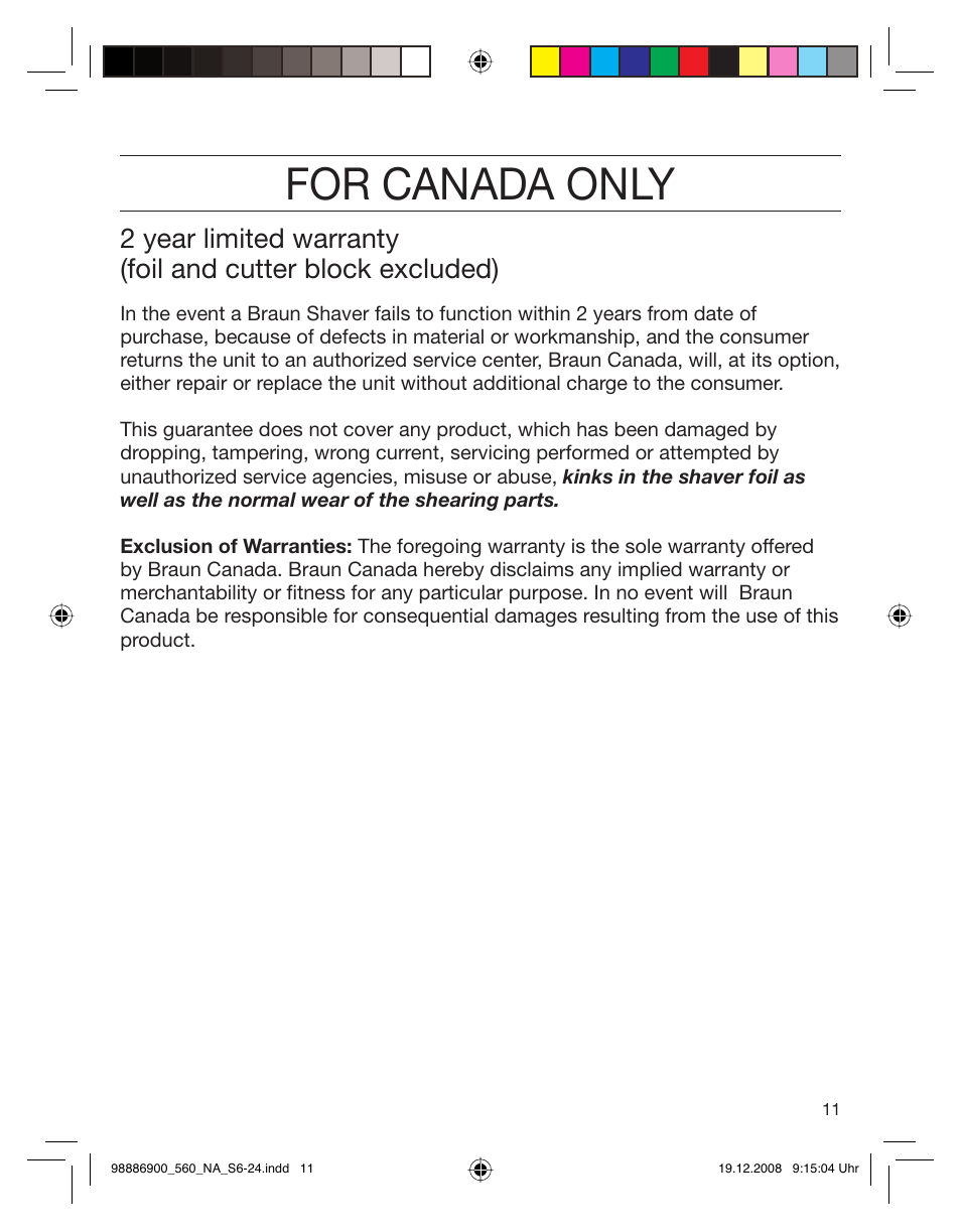 For canada only | Braun 550-5751 Series 5 User Manual | Page 10 / 21
