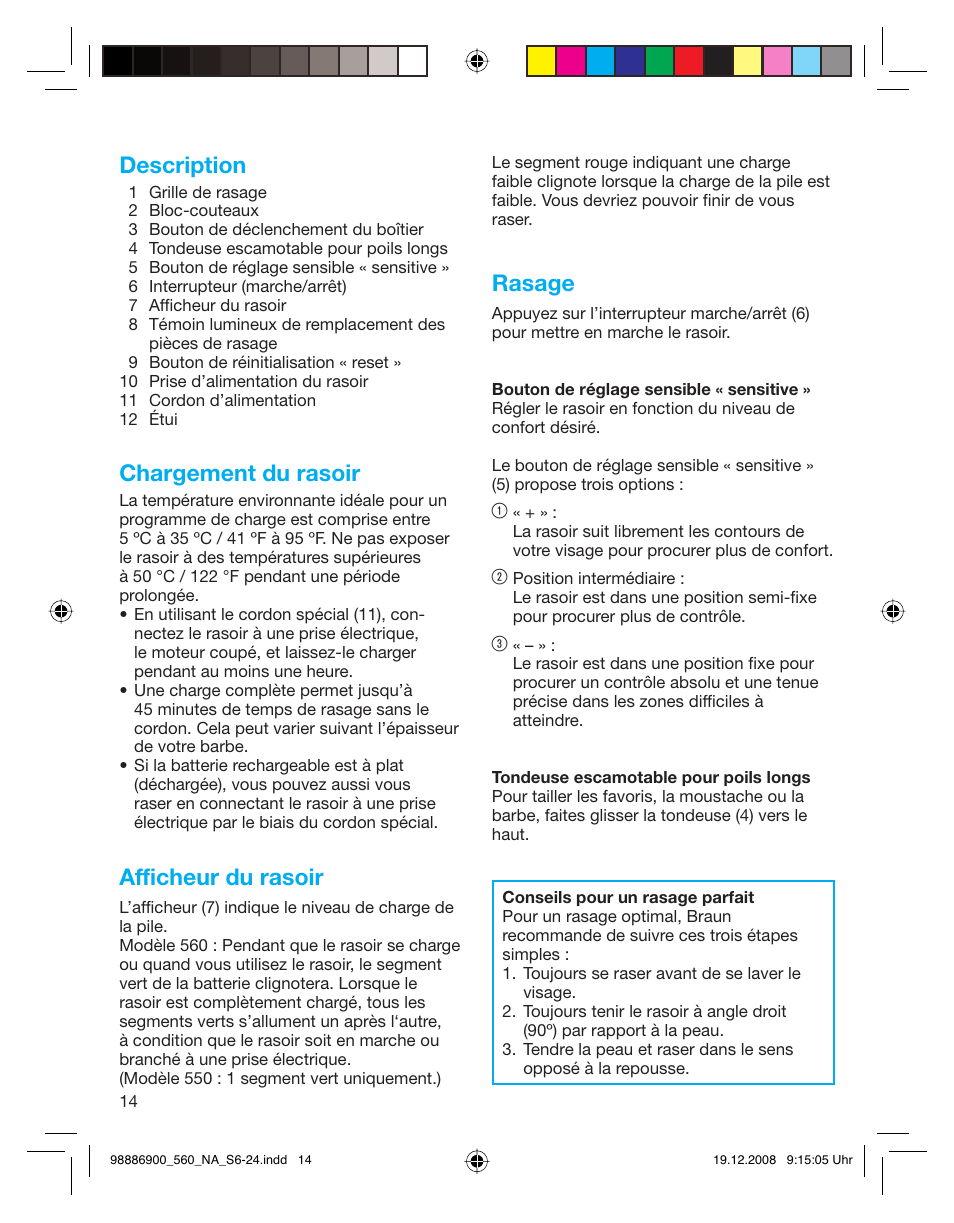 Description, Chargement du rasoir, Afficheur du rasoir | Rasage | Braun 550-5751 Series 5 User Manual | Page 13 / 21