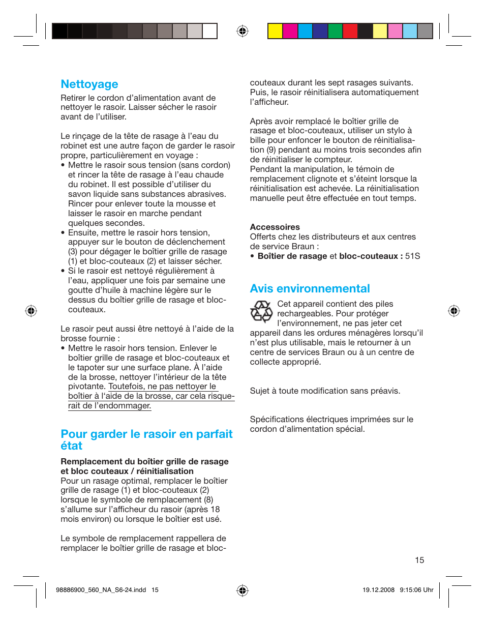 Nettoyage, Pour garder le rasoir en parfait état, Avis environnemental | Braun 550-5751 Series 5 User Manual | Page 14 / 21