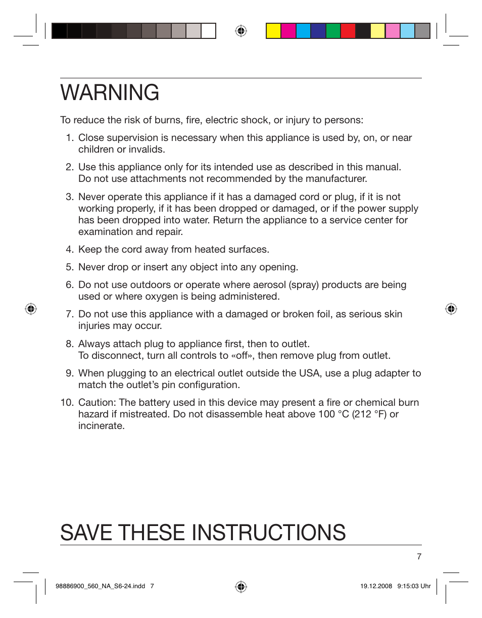 Warning, Save these instructions | Braun 550-5751 Series 5 User Manual | Page 6 / 21