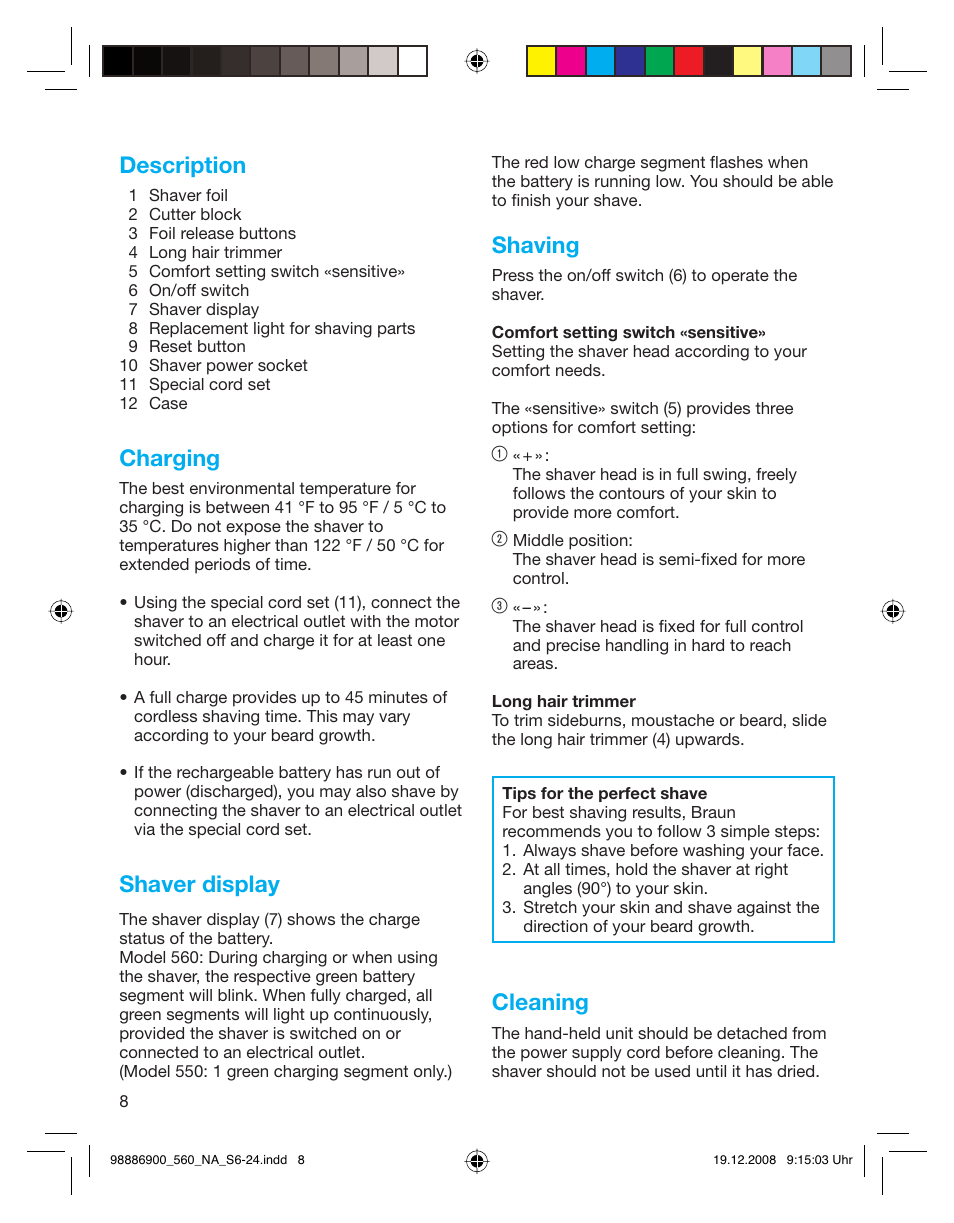 Description, Charging, Shaver display | Shaving, Cleaning | Braun 550-5751 Series 5 User Manual | Page 7 / 21