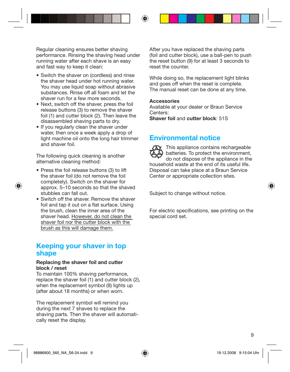 Keeping your shaver in top shape, Environmental notice | Braun 550-5751 Series 5 User Manual | Page 8 / 21