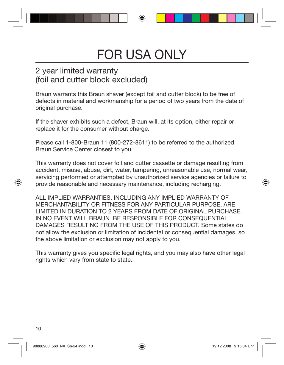 For usa only | Braun 550-5751 Series 5 User Manual | Page 9 / 21