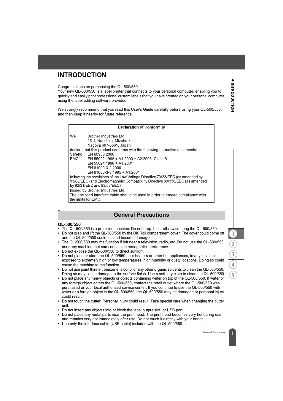 Introduction, General precautions, Ql-500/550 | Brother QL-500A User Manual | Page 5 / 70