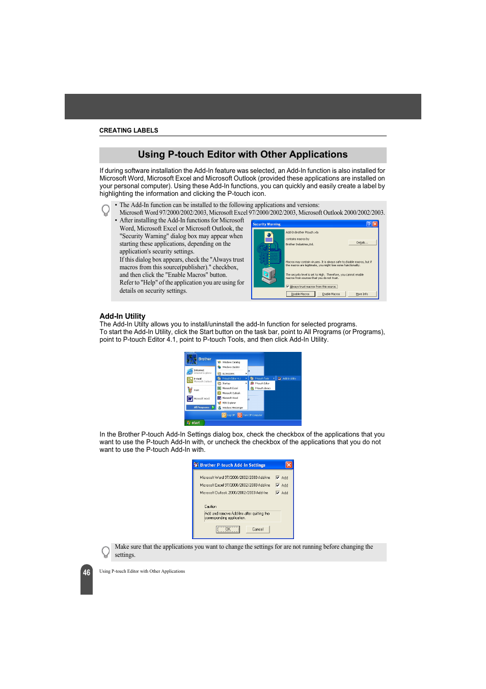 Using p-touch editor with other applications, Add-in utility, P. 46 or | Brother QL-500A User Manual | Page 50 / 70