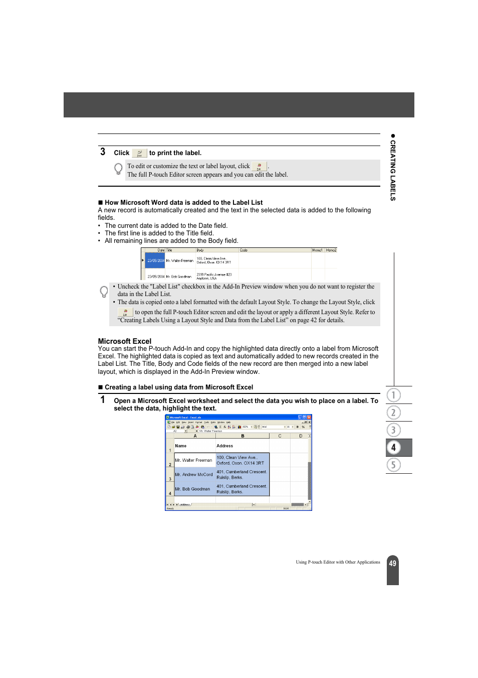 Microsoft excel | Brother QL-500A User Manual | Page 53 / 70