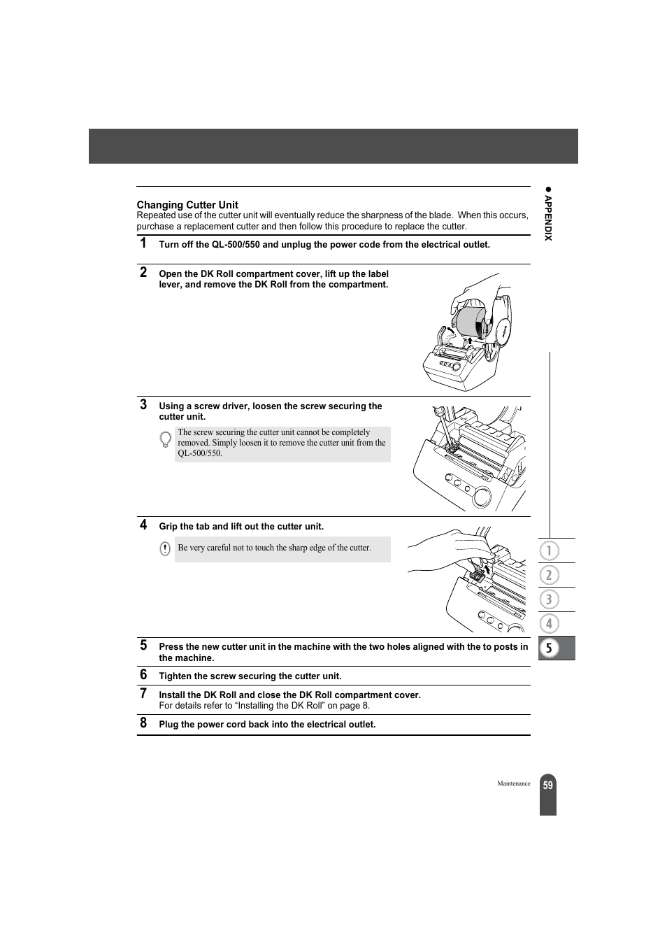 Changing cutter unit | Brother QL-500A User Manual | Page 63 / 70