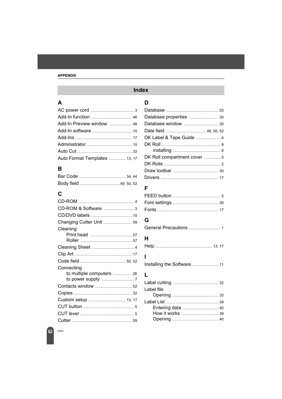 Index | Brother QL-500A User Manual | Page 66 / 70