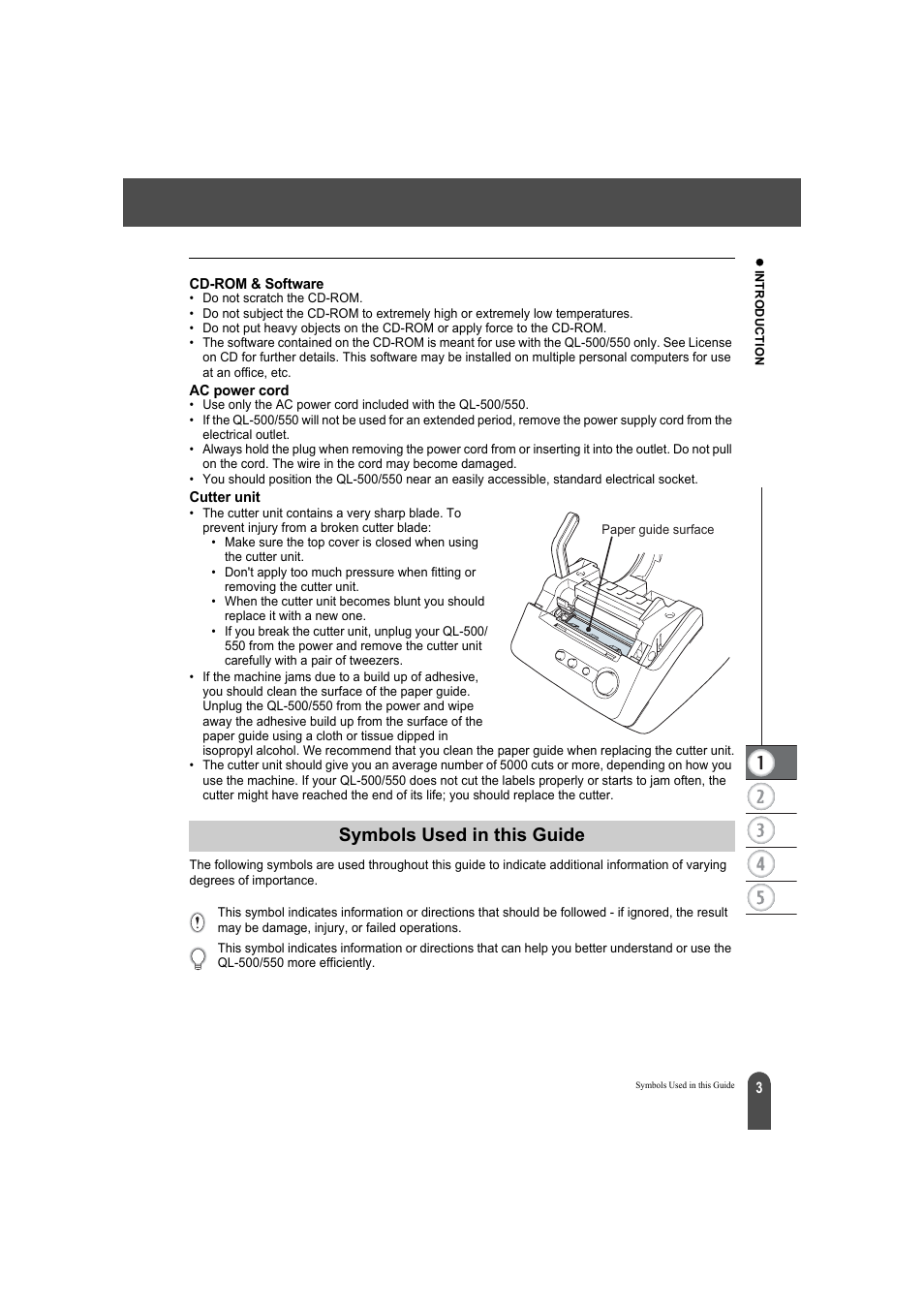 Symbols used in this guide, Cd-rom & software ac power cord cutter unit | Brother QL-500A User Manual | Page 7 / 70