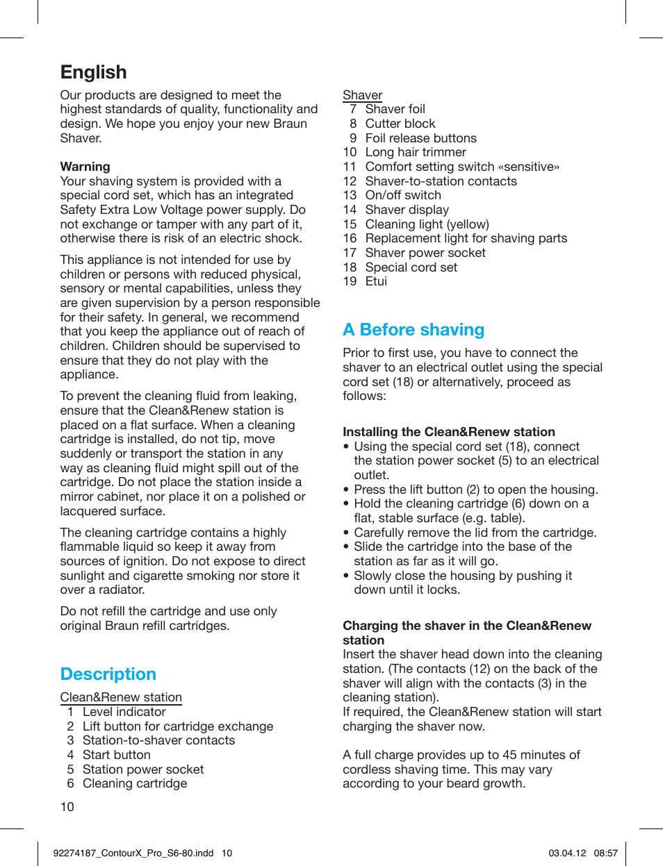 English, Description, A before shaving | Braun 550cc-4 Series 5 User Manual | Page 10 / 79