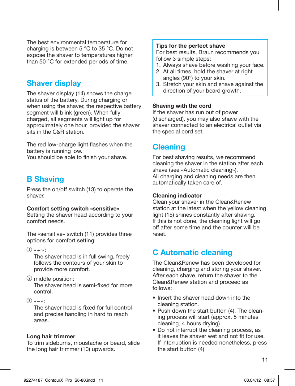 Shaver display, B shaving, Cleaning | C automatic cleaning | Braun 550cc-4 Series 5 User Manual | Page 11 / 79