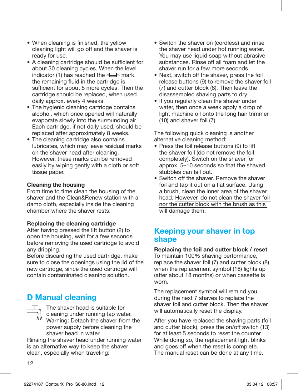 D manual cleaning, Keeping your shaver in top shape | Braun 550cc-4 Series 5 User Manual | Page 12 / 79