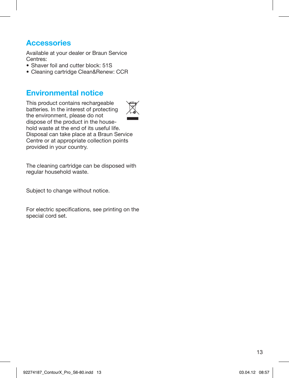 Accessories, Environmental notice | Braun 550cc-4 Series 5 User Manual | Page 13 / 79