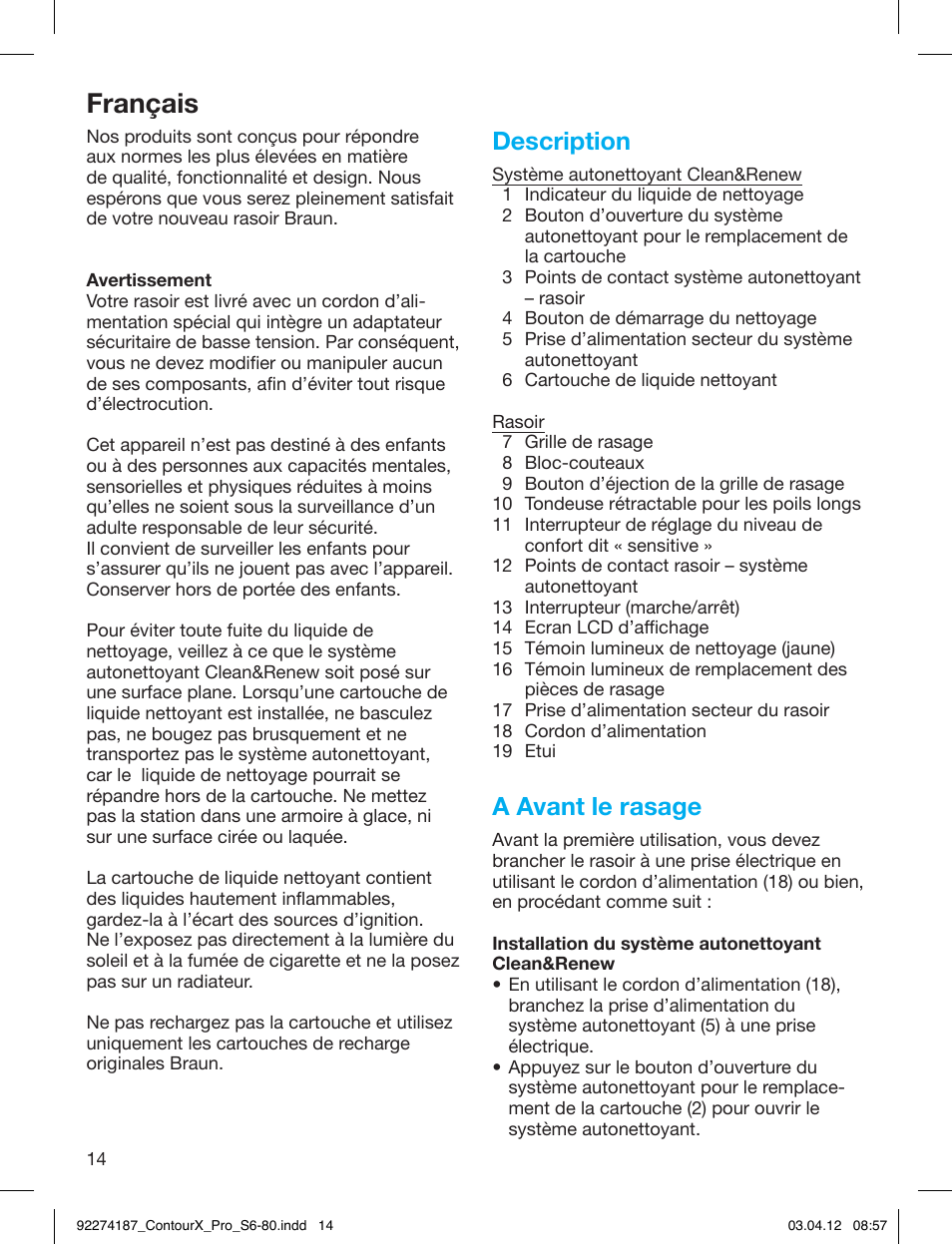 Français, Description, A avant le rasage | Braun 550cc-4 Series 5 User Manual | Page 14 / 79