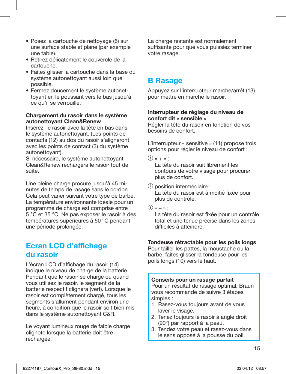 Ecran lcd d’affichage du rasoir, B rasage | Braun 550cc-4 Series 5 User Manual | Page 15 / 79