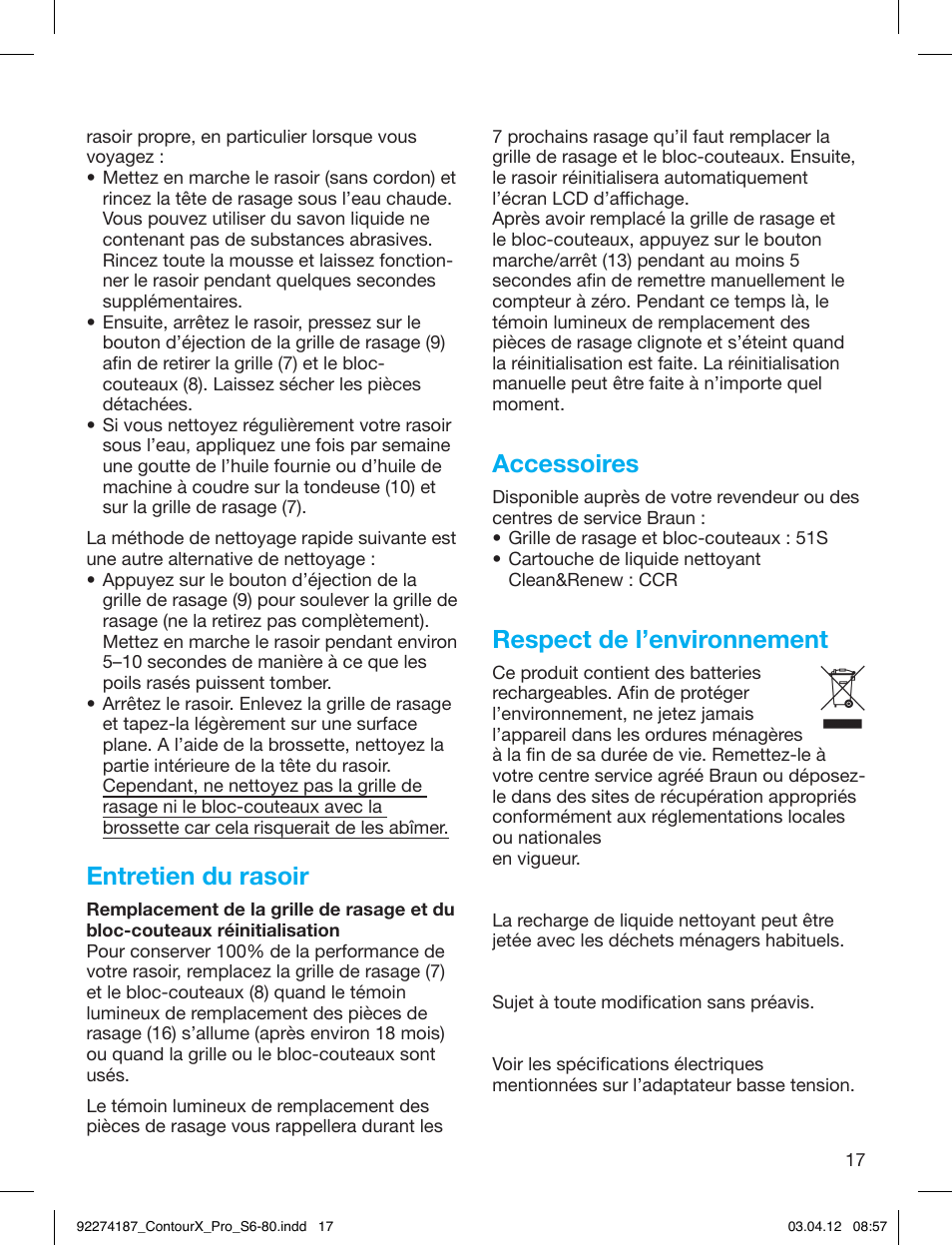 Entretien du rasoir, Accessoires, Respect de l’environnement | Braun 550cc-4 Series 5 User Manual | Page 17 / 79