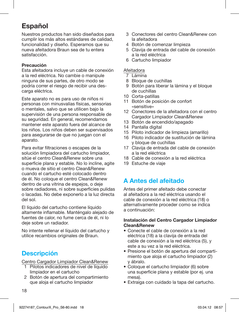 Español, Descripción, A antes del afeitado | Braun 550cc-4 Series 5 User Manual | Page 18 / 79