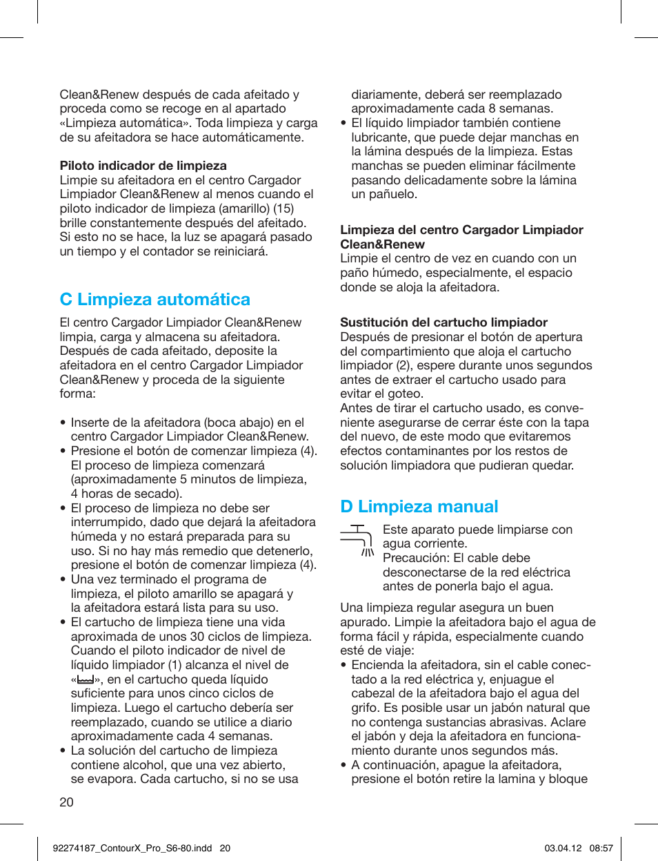 C limpieza automática, D limpieza manual | Braun 550cc-4 Series 5 User Manual | Page 20 / 79