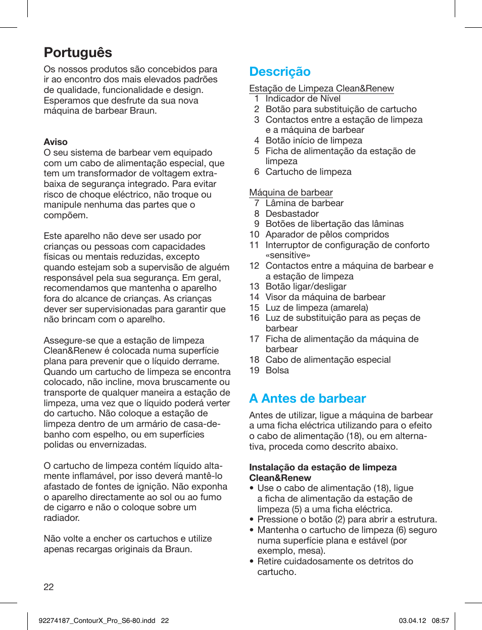 Português, Descrição, A antes de barbear | Braun 550cc-4 Series 5 User Manual | Page 22 / 79