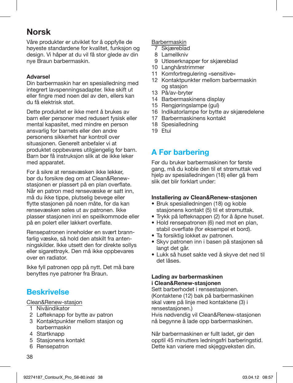 Norsk, Beskrivelse, A før barbering | Braun 550cc-4 Series 5 User Manual | Page 38 / 79