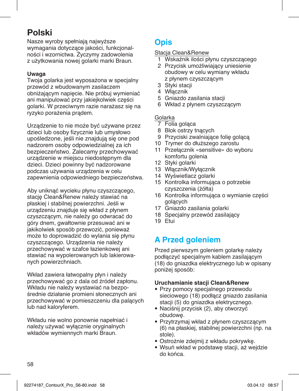 Polski, Opis, A przed goleniem | Braun 550cc-4 Series 5 User Manual | Page 58 / 79
