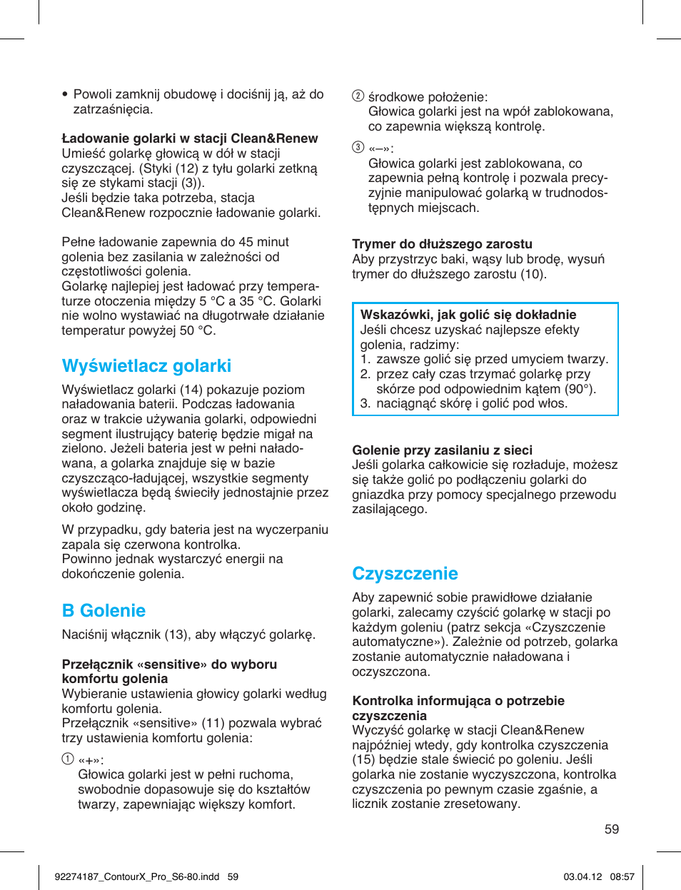 Wyświetlacz golarki, B golenie, Czyszczenie | Braun 550cc-4 Series 5 User Manual | Page 59 / 79