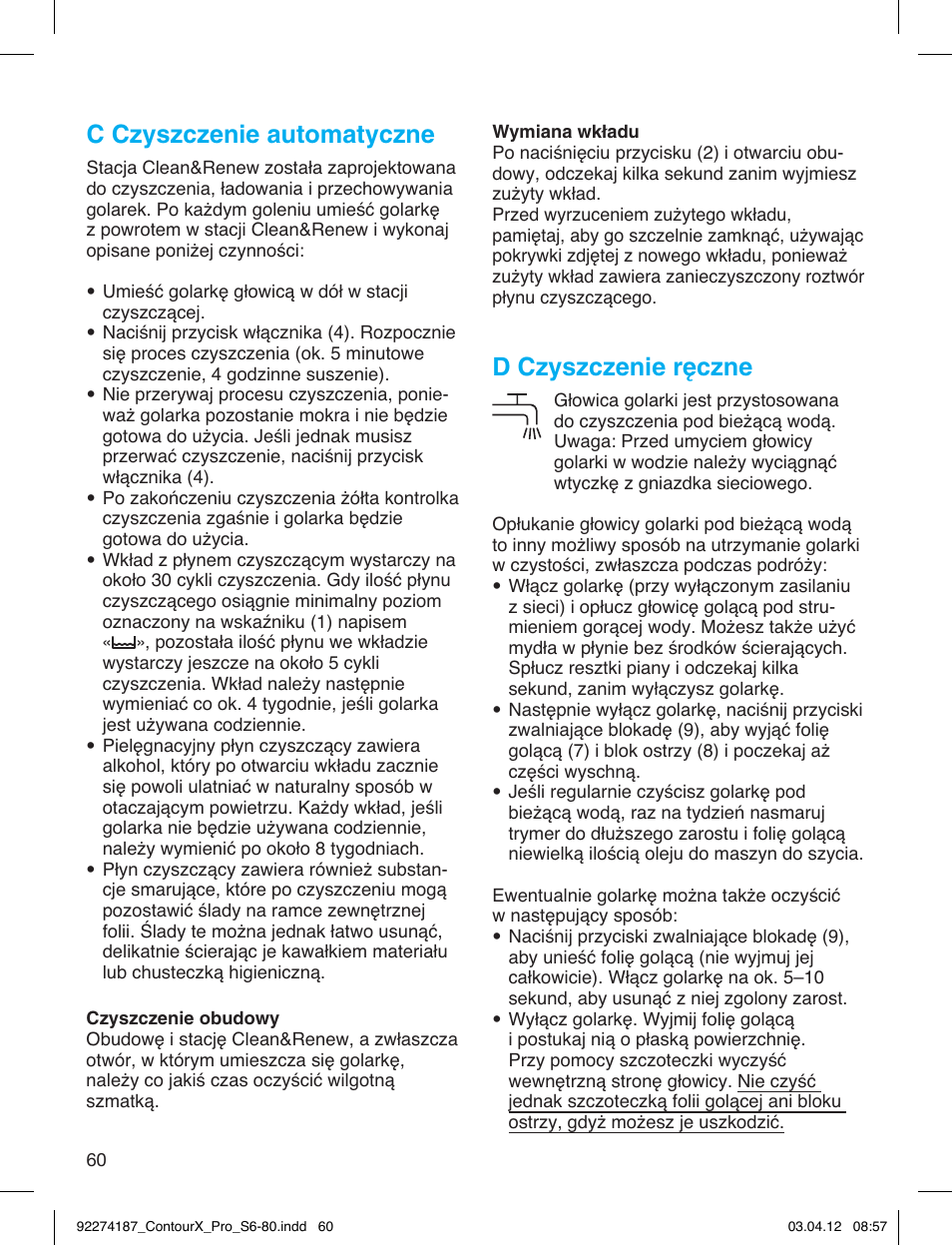 C czyszczenie automatyczne, D czyszczenie ręczne | Braun 550cc-4 Series 5 User Manual | Page 60 / 79