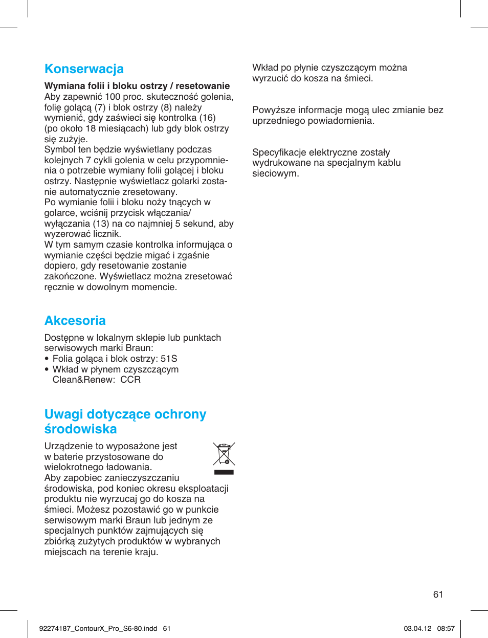 Konserwacja, Akcesoria, Uwagi dotyczàce ochrony êrodowiska | Braun 550cc-4 Series 5 User Manual | Page 61 / 79